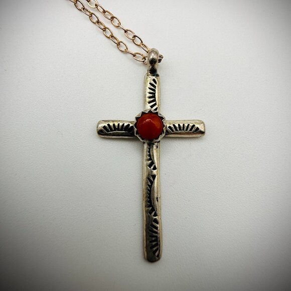 Jewelry - Dainty Sterling Cross Necklace w/ Coral — 18" chain + 1.25" pendant